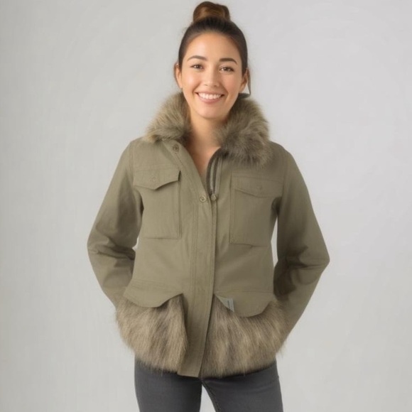 Anthropologie Saskia Utility Coat Size S Faux Fur Zip & Snap Front Olive Green - Picture 1 of 16